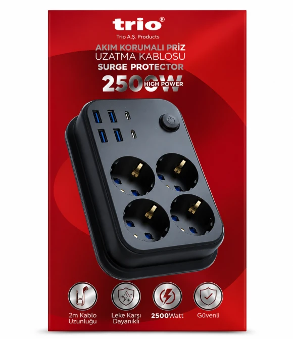 Trio 3442 Akım Korumalı 4 lü Priz 4 Adet Usb 2 Adet Type C