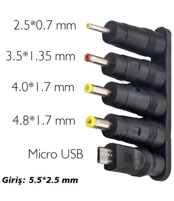 Çoklu Yedek Adaptör Uç Çevirici (2.5x0.7MM- 4.8x1.7MM- 3.0X1.1MM-4.0X1.7MM- MICRO USB)