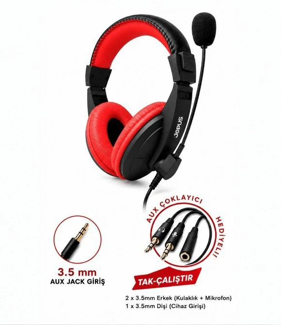 Jopus Game-J1 3.5 mm Jack Universal Mikrofonlu Kulaklık Siyah Kırmızı