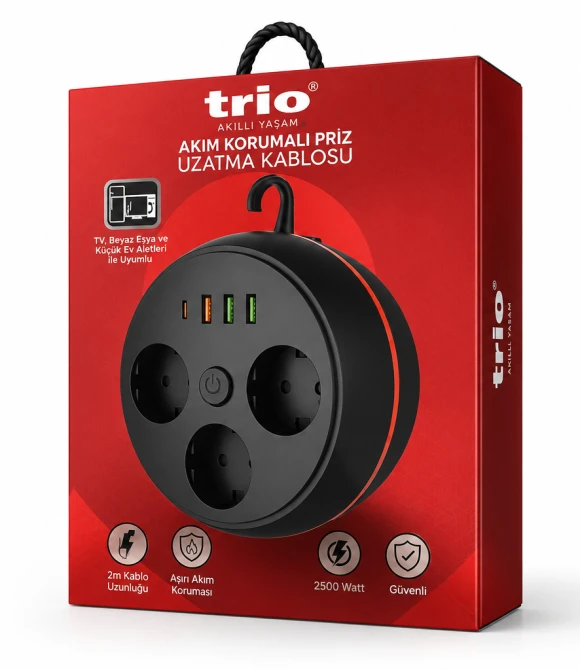 Trio 3444 Akım Korumalı 3 lü Priz 3 Adet Usb 1 Adet Type C Askılı