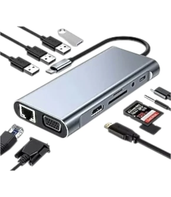 11 in 1 Type-C To USB Hub Port Adaptör HDMI, 4X USB, LAN, VGA SD Card Çevirici Çoklayıcı