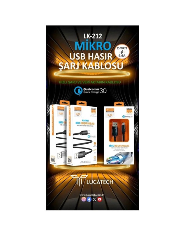 LK-212 Hasırlı Mikro USB Sarj Kablosu QC3.0  25Watt 4.6A Lucatech