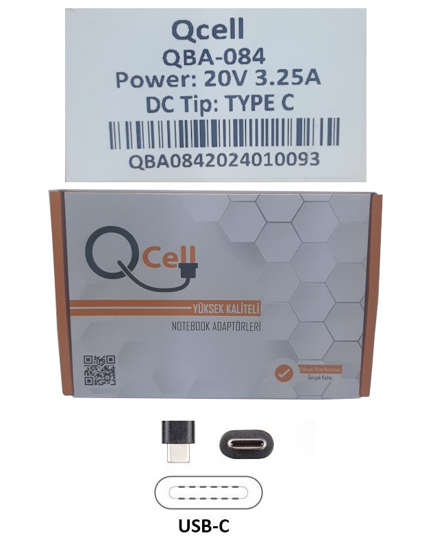 QBA-084 20V 3.25A DC Tip: Type C Laptop Adaptör Qcell