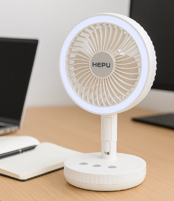 HP-F888 8" Katlanabilir Işıklı Masaüstü Fan – 4000mAh (2x2000mAh) Batarya, 180° Ayarlanabilir Gövde, Sessiz Çalışma, Yüksek Hava Akışı HEPU